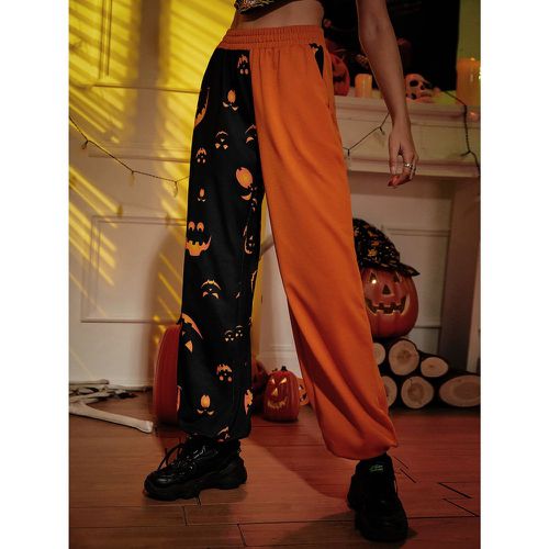 Pantalon de survêtement à blocs de couleurs et à imprimé halloween à poche - SHEIN - Modalova
