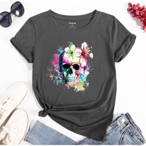 T-shirt squelette & à imprimé floral - SHEIN - Modalova