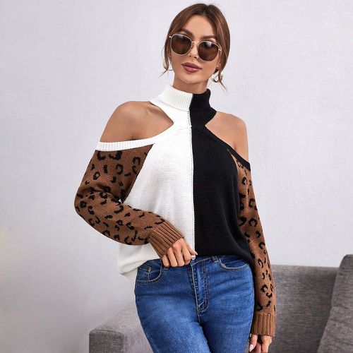 Pull à motif léopard à blocs de couleurs à épaules dénudées - SHEIN - Modalova