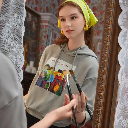 Sweat-shirt à capuche à motif lettre et figure à cordon - SHEIN - Modalova