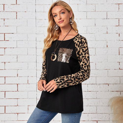 T-shirt léopard manches raglan à sequins - SHEIN - Modalova