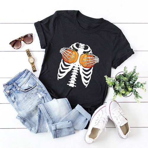 T-shirt halloween à imprimé main et citrouille et squelette - SHEIN - Modalova