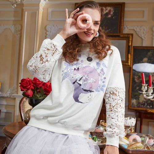 Sweat-shirt dessin animé & à imprimé floral transparent à manches en dentelle - SHEIN - Modalova