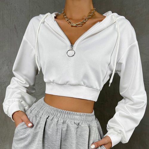 Sweat-shirt à capuche court demi avec anneau zippé à cordon - SHEIN - Modalova