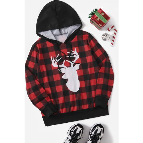 Sweat-shirt à capuche renne de Noël & à carreaux à imprimé à cordon - SHEIN - Modalova