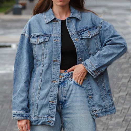 Veste en jean poche à rabat à bouton - SHEIN - Modalova