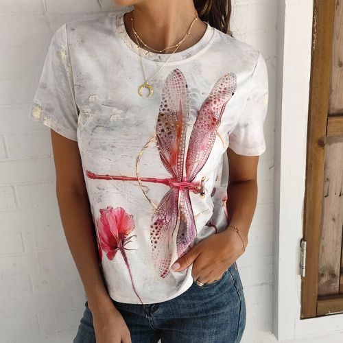 T-shirt à imprimé libellule et fleur - SHEIN - Modalova