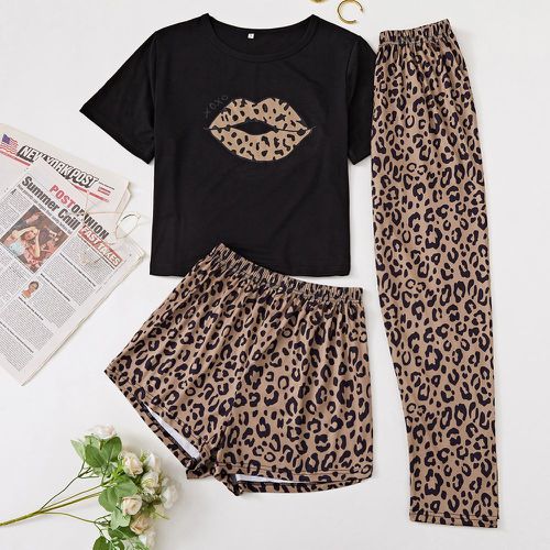 T-shirt de pyjama avec imprimé lèvre & Short léopard et Pantalon de pyjama - SHEIN - Modalova