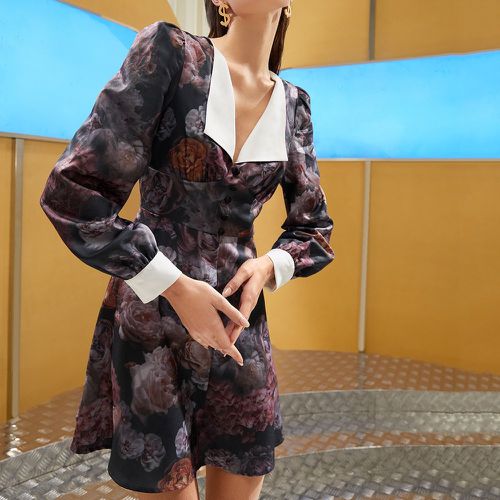 Robe à imprimé floral à col contrastant manches bouffantes - SHEIN - Modalova