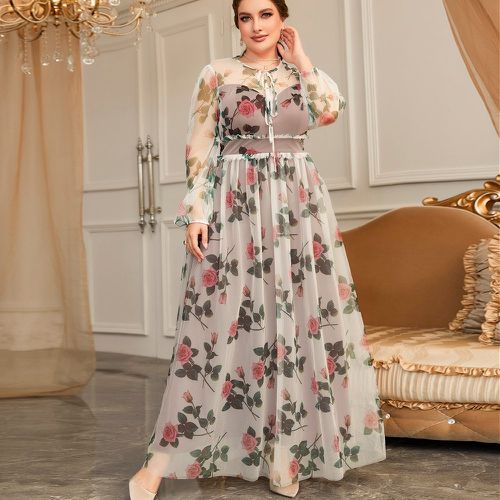 Robe longue 2 en 1 fleuri en tulle à nœud à plis - SHEIN - Modalova