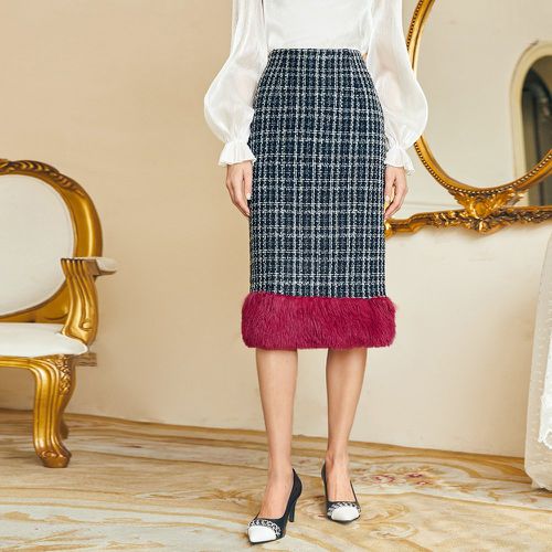 Jupe taille haute à carreaux contrastant duveteux à ourlet en tweed - SHEIN - Modalova