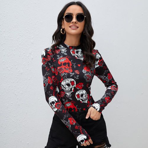 T-shirt à imprimé floral et squelette à col montant - SHEIN - Modalova