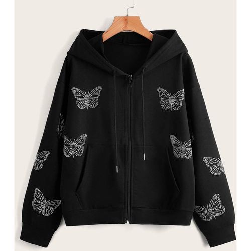 Sweat-shirt à capuche zippé papillon à strass - SHEIN - Modalova