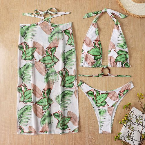 Pièces Bikini ras-du-cou à imprimé végétale & Jupe de plage détachable - SHEIN - Modalova