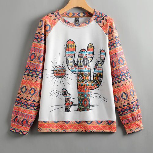 Sweat-shirt géométrique et à imprimé cactus manches raglan - SHEIN - Modalova