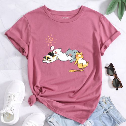 T-shirt à imprimé chat et soleil - SHEIN - Modalova