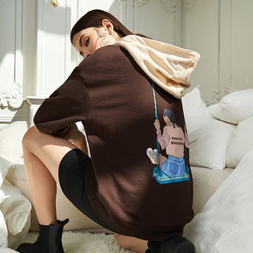 Sweat-shirt à capuche à motif figure et slogan à blocs de couleurs contrastant - SHEIN - Modalova