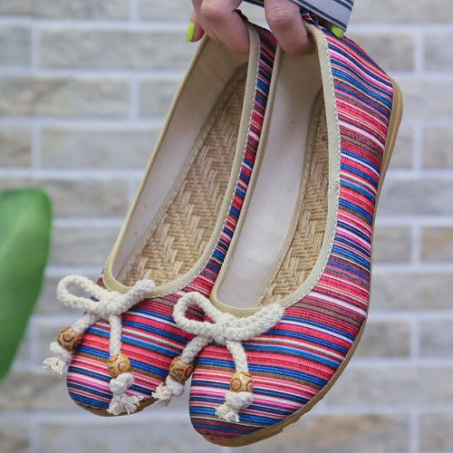 Chaussures plates glissantes à blocs de couleurs à rayures à nœud papillon - SHEIN - Modalova
