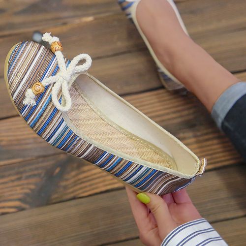 Chaussures plates glissantes à blocs de couleurs à rayures à nœud papillon - SHEIN - Modalova