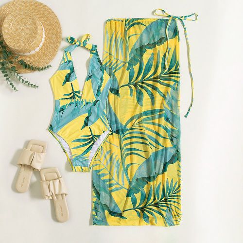 Maillot de bain une pièce à imprimé tropical ras-du-cou avec jupe de plage - SHEIN - Modalova