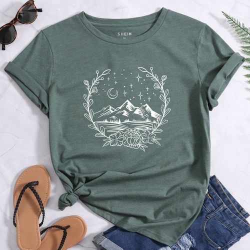 T-shirt à imprimé floral et montagne - SHEIN - Modalova