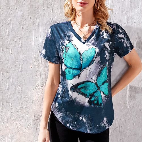 T-shirt avec imprimé papillon et encolure V - SHEIN - Modalova