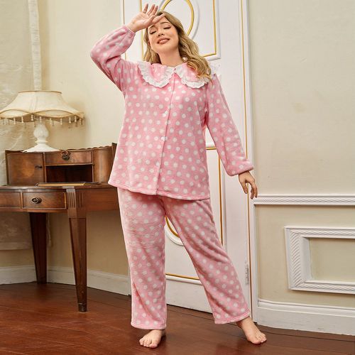 Ensemble de pyjama pantalon & top à pois contrastant à volants à col claudine en flanelle - SHEIN - Modalova