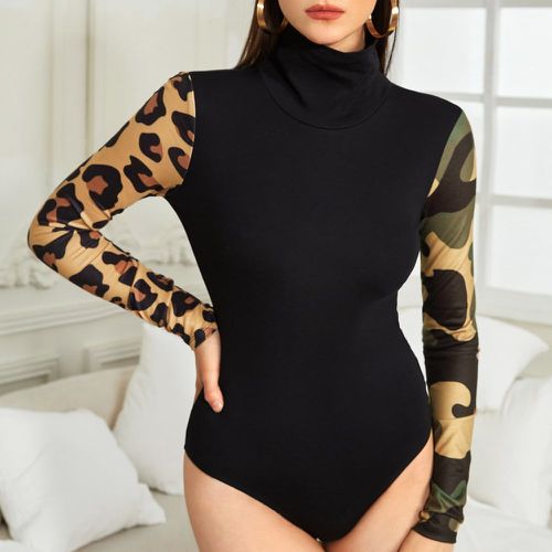 Body à col roulé à motif de camouflage et léopard - SHEIN - Modalova