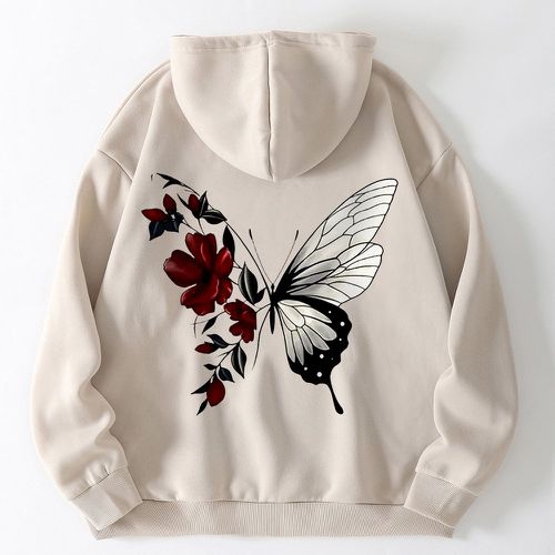 Sweat-shirt à capuche à imprimé fleur et papillon à cordon à doublure thermique - SHEIN - Modalova