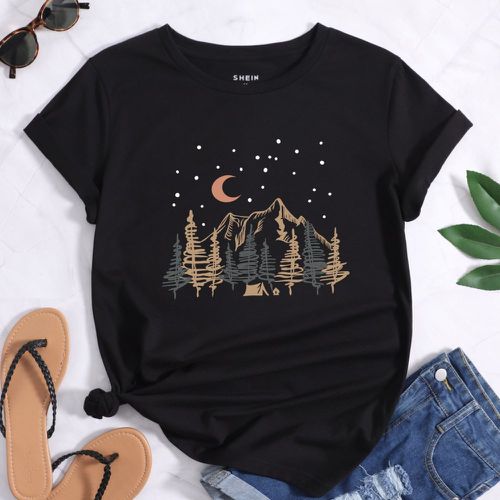T-shirt à imprimé montagne et lune - SHEIN - Modalova