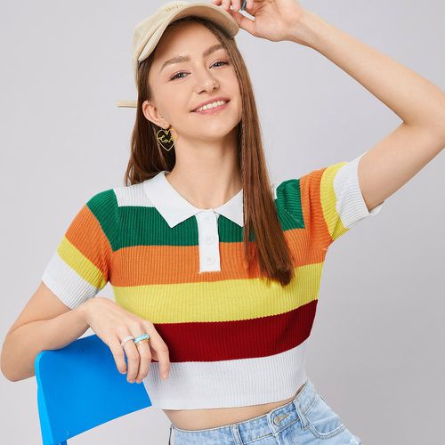 Top court en tricot à blocs de couleurs col polo - SHEIN - Modalova