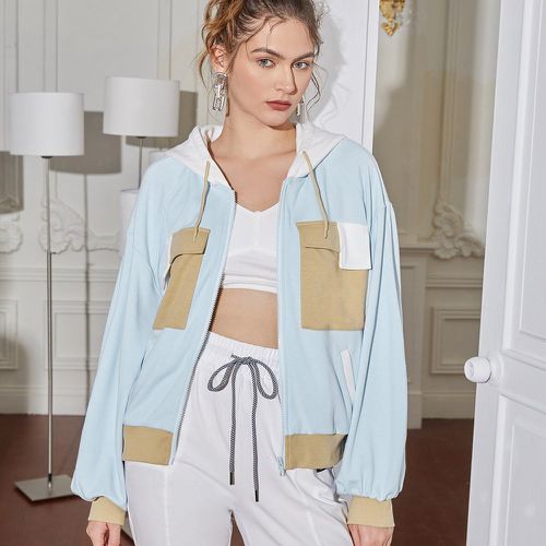 Sweat-shirt à capuche zippé avec poche à blocs de couleurs - SHEIN - Modalova