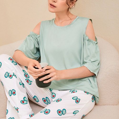 À plis à épaules dénudées T-shirt & dessin animé Pantalon Ensemble de pyjama - SHEIN - Modalova