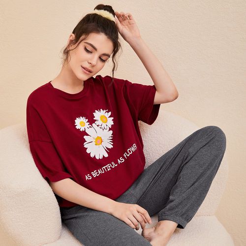Ensemble de pyjama à imprimé floral et slogan fendu - SHEIN - Modalova