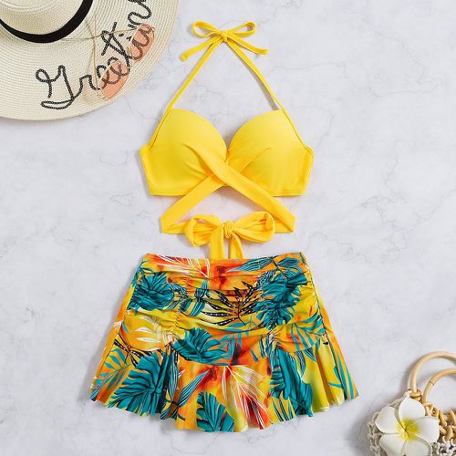 Bikini jupe-short à imprimé végétale croisé ras-du-cou - SHEIN - Modalova