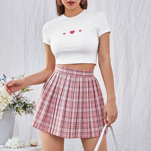T-shirt à broderie cœur et Jupe à carreaux - SHEIN - Modalova