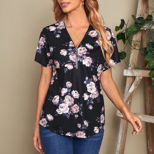 T-shirt à imprimé floral zippé - SHEIN - Modalova