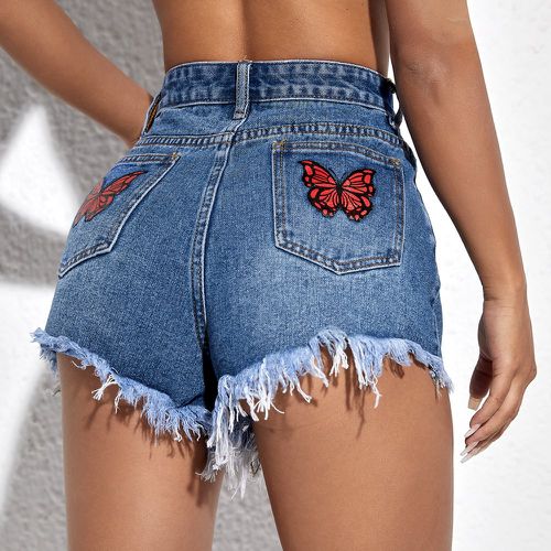 Short en jean taille haute à imprimé papillon à ourlet effiloché - SHEIN - Modalova