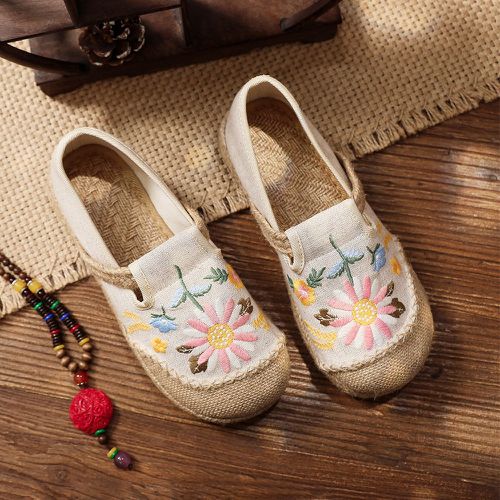 Chaussures plates en lin fleuri à broderie - SHEIN - Modalova