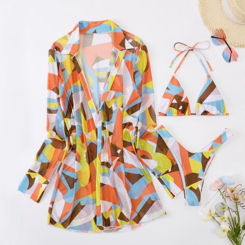 Pièces Bikini triangulaire ras-du-cou à blocs de couleurs & Kimono - SHEIN - Modalova