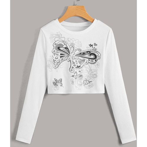 T-shirt court fleuri et papillon côtelé - SHEIN - Modalova