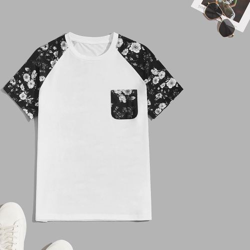 T-shirt contrastant à imprimé floral manches raglan patch à poche - SHEIN - Modalova