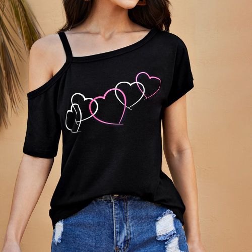 Top à col asymétrique à imprimé cœur - SHEIN - Modalova