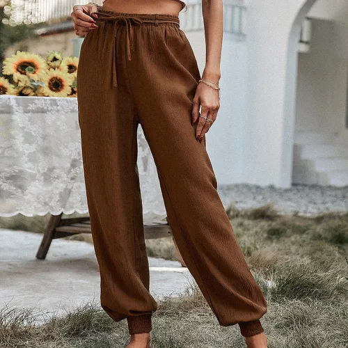 Pantalon taille haute texturé ceinturé - SHEIN - Modalova