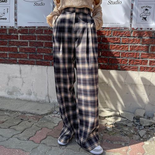 Pantalon ample taille haute à carreaux à détail plié - SHEIN - Modalova