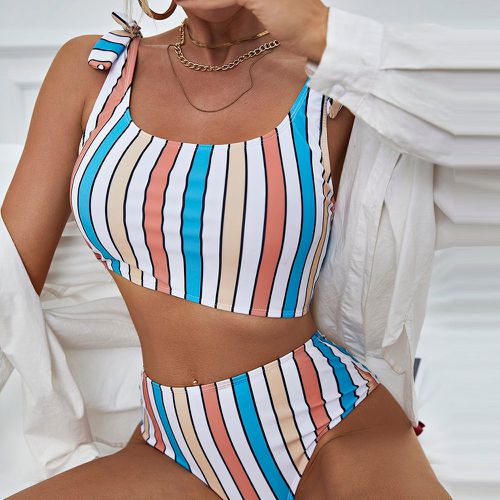 Bikini à rayures à épaule nouée taille haute - SHEIN - Modalova