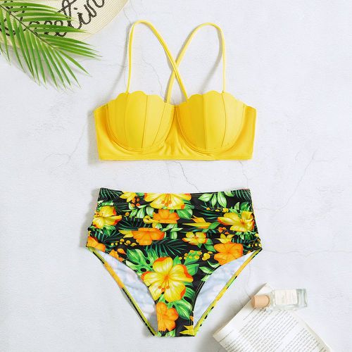 Bikini à imprimé tropical à ruché push-up taille haute - SHEIN - Modalova