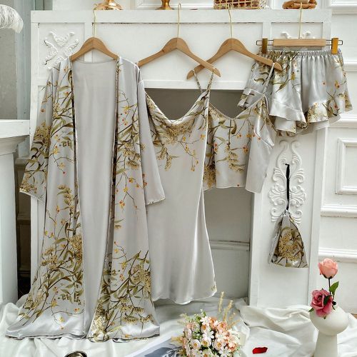 Pièces Top à fines brides à imprimé floral en satin & Robe à fines brides & Short & Peignoir avec Sac cosmétique - SHEIN - Modalova