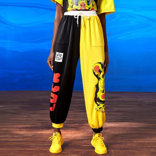 Pantalon de survêtement à motif lettre et dessin animé bicolore - SHEIN - Modalova
