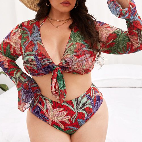 Bikini à imprimé végétale ras-du-cou triangulaire taille haute avec kimono - SHEIN - Modalova